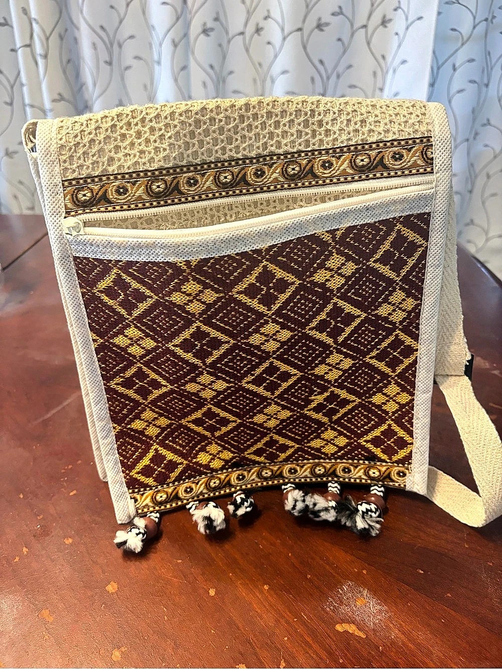Woven Geometric Crossbody Bag in Brown & Cream